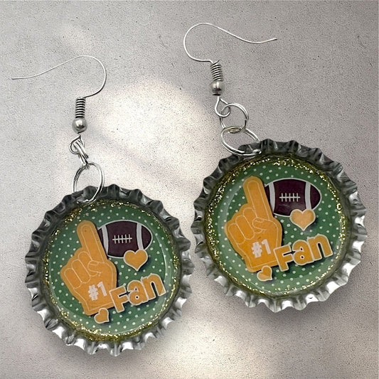 Green Football Fan Bottle Cap Earrings – Handmade Resin Sealed Sports Jewelry