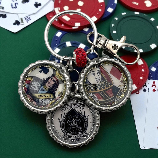 Vintage Playing Card Keychain – Handmade King & Queen Bottle Cap Charm with Glitter