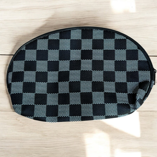 Black Gray Checkerboard Zipper Pouch 8x6 Cosmetic Makeup Bag Travel Case