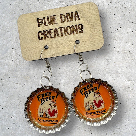 “Free Beer Tomorrow” Bottle Cap Earrings