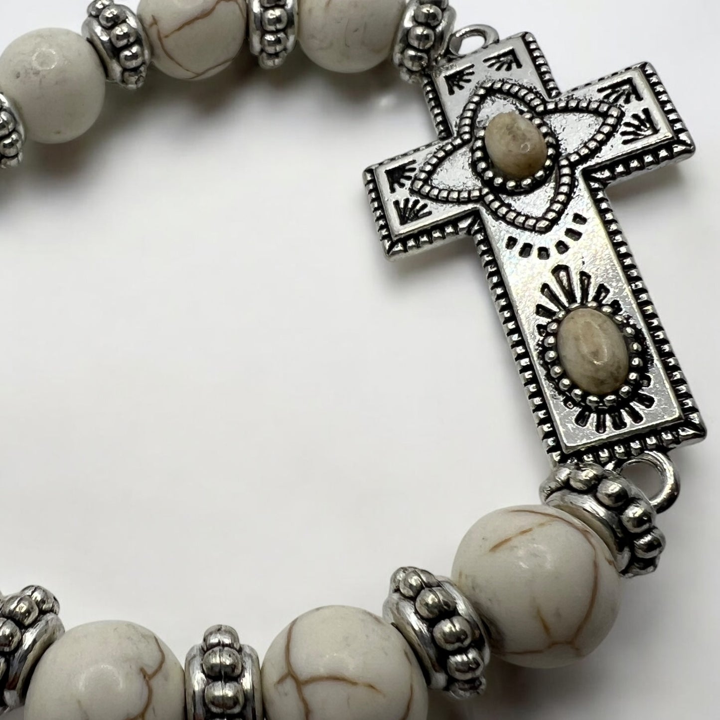 White Howlite Beaded Stretch Bracelet with Ornate Cross Charm
