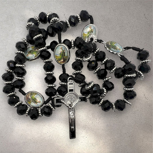 St. Jude Rosary – 19” Black Faceted Beads with Silver Crucifix