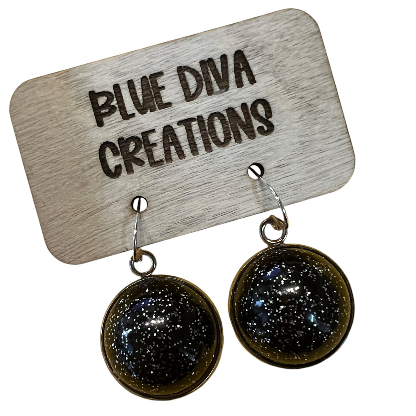 Black & Silver Domed Glitter Dangle 20mm  Resin Earrings