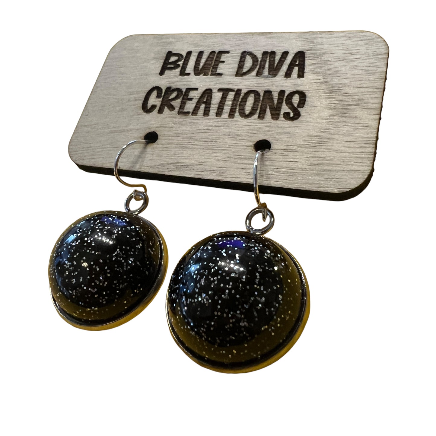 Black & Silver Domed Glitter Dangle 20mm  Resin Earrings