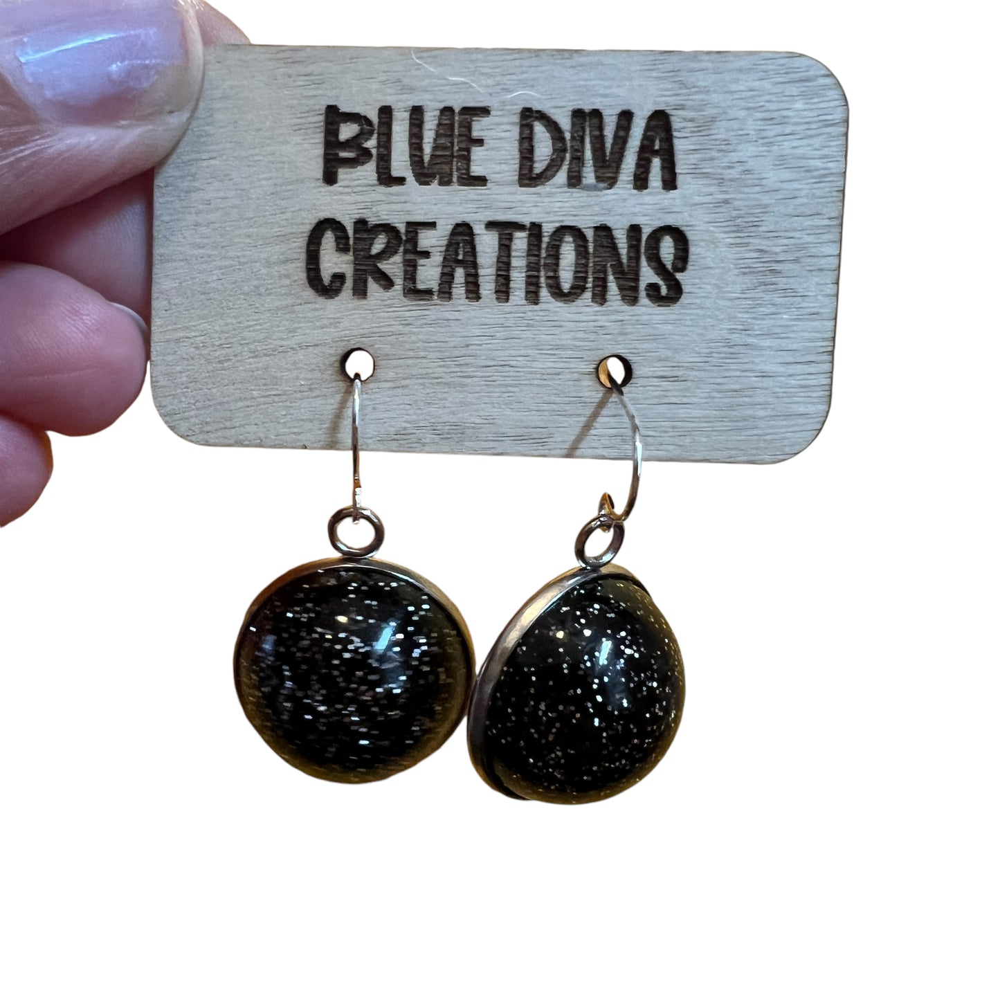 Black & Silver Domed Glitter Dangle 20mm  Resin Earrings