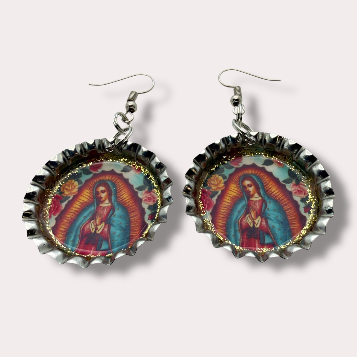 Virgen de Guadalupe Bottle Cap Earrings