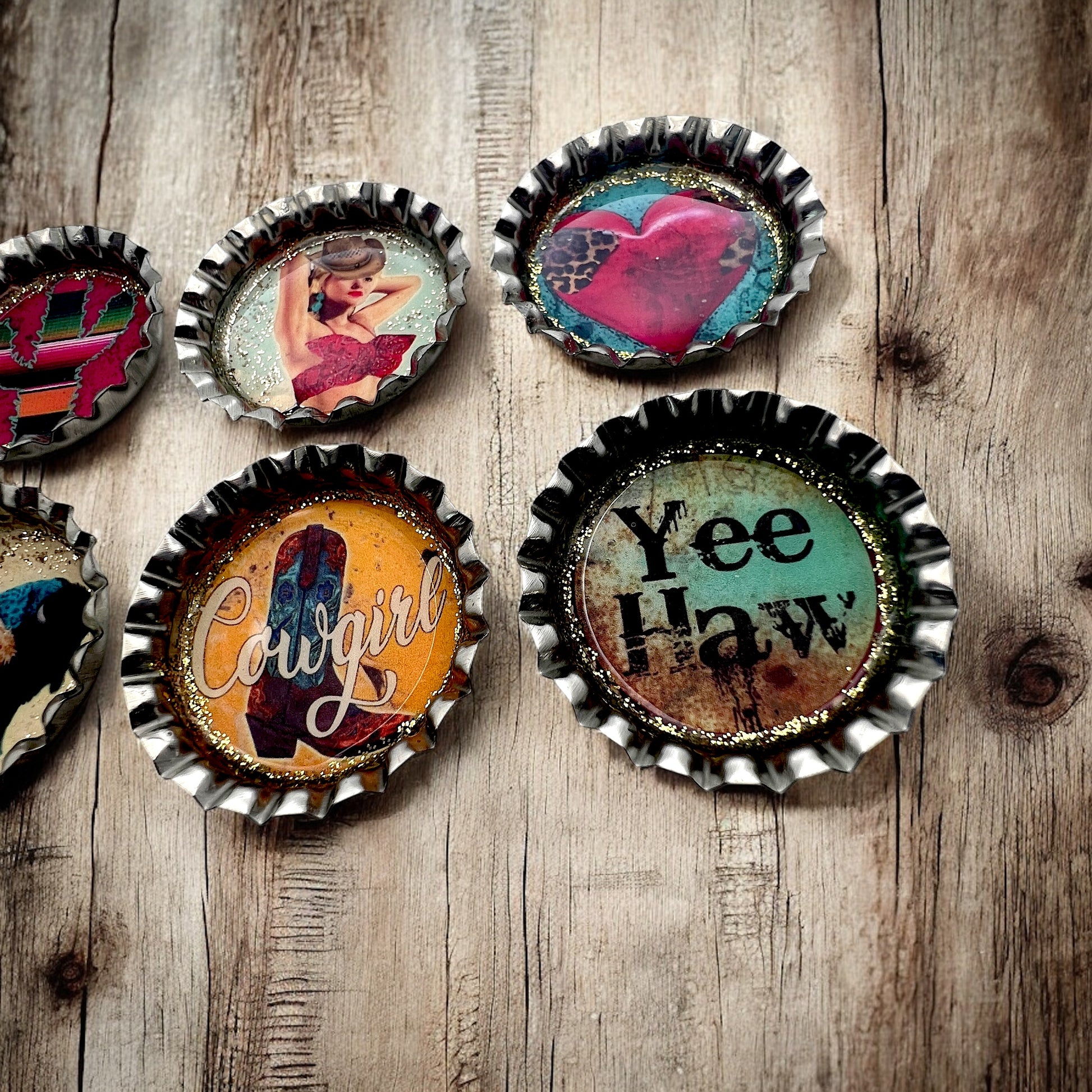 Western Cowgirl Bottle Cap Magnets – Rustic Fridge Decor, Retro Pin-Up, Country Cactus, Yee Haw Gift Set, Glitter Resin Magnets, Handmade Western Style