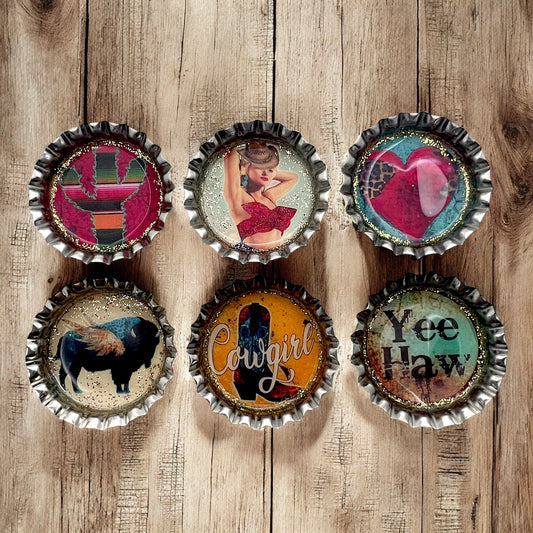 Western Cowgirl Bottle Cap Magnets – Rustic Fridge Decor, Retro Pin-Up, Country Cactus, Yee Haw Gift Set, Glitter Resin Magnets, Handmade Western Style