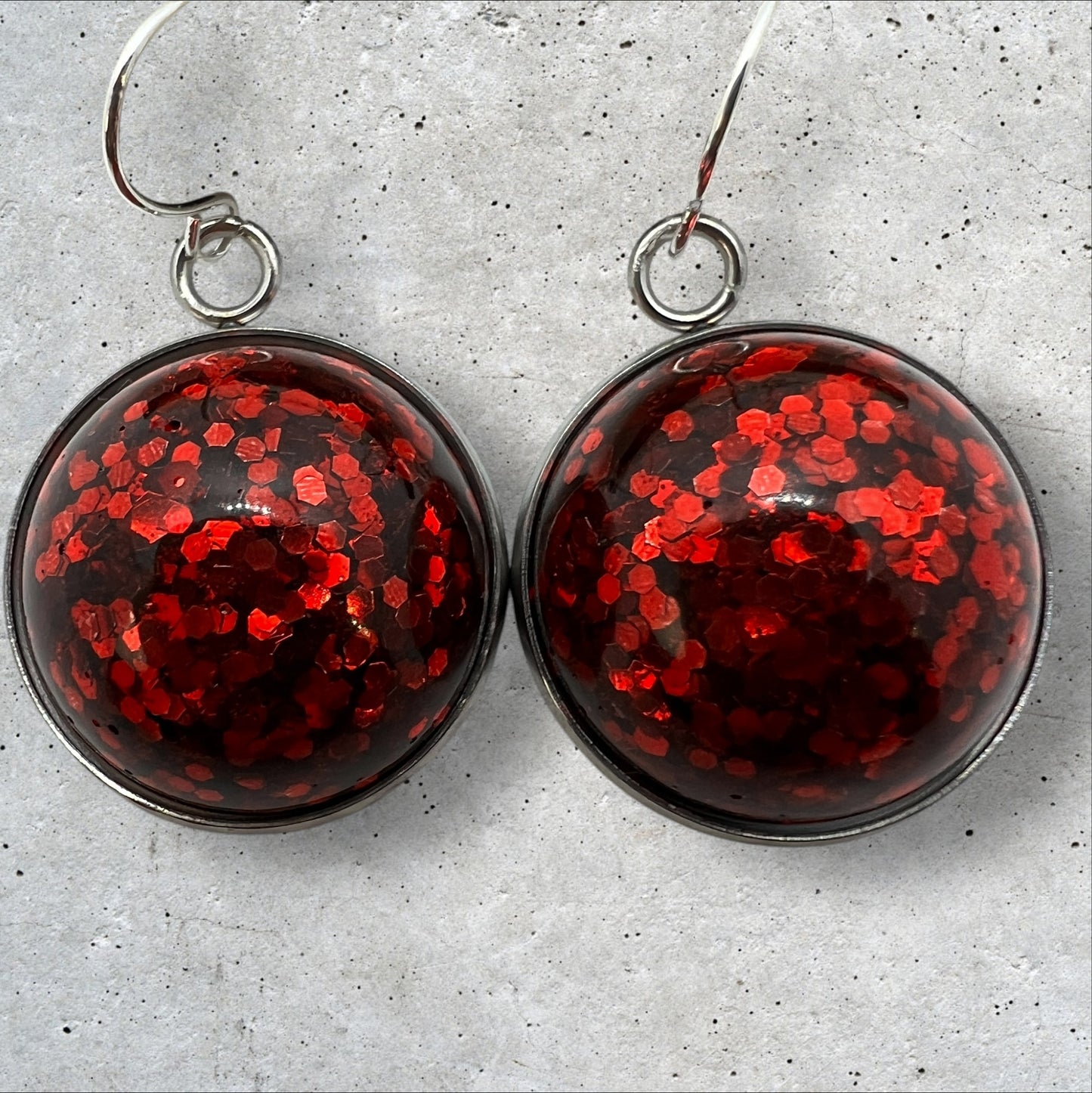 Ruby Red Domed Glitter Dangle 20mm  Resin Earrings