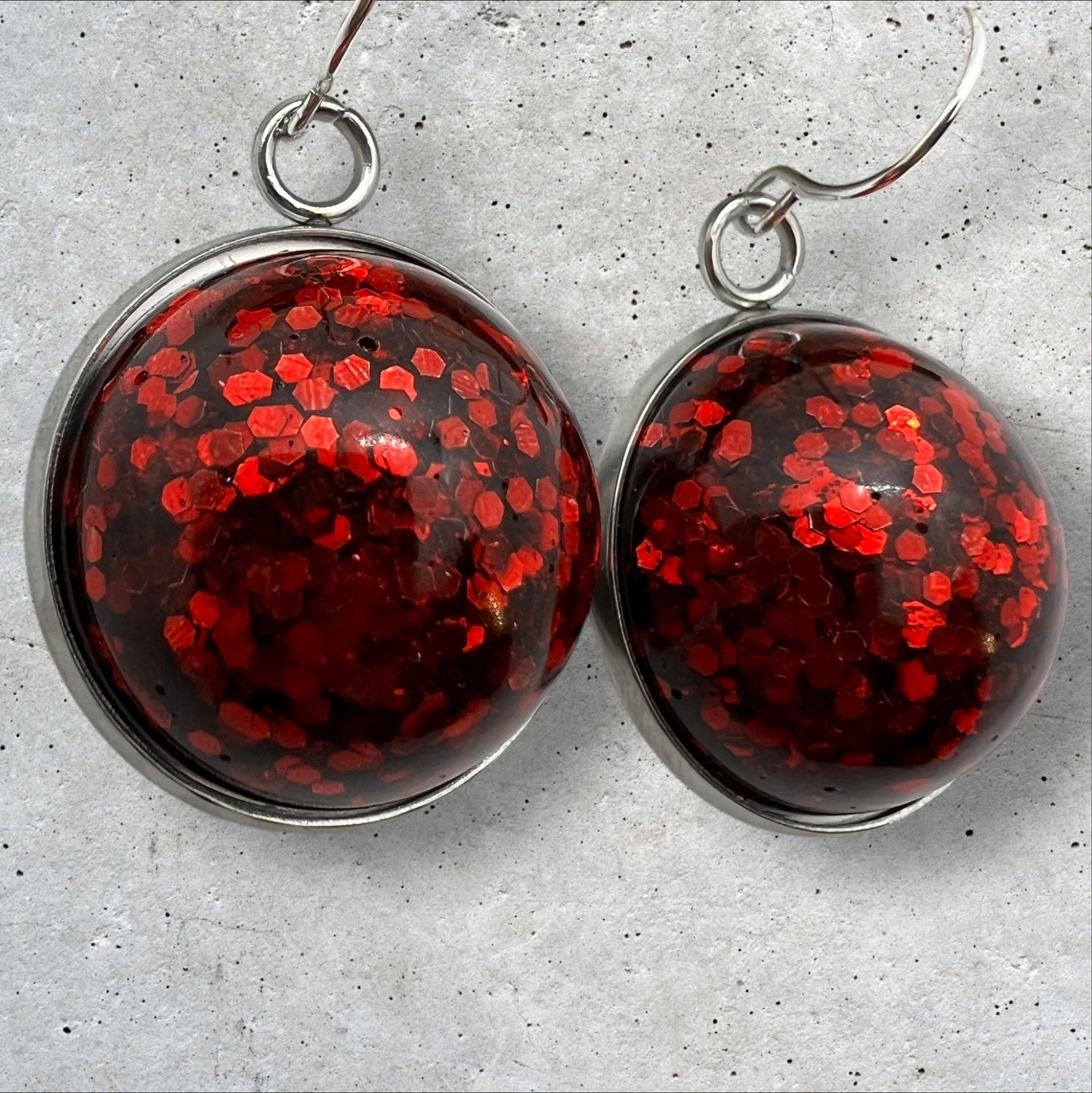 Ruby Red Domed Glitter Dangle 20mm  Resin Earrings