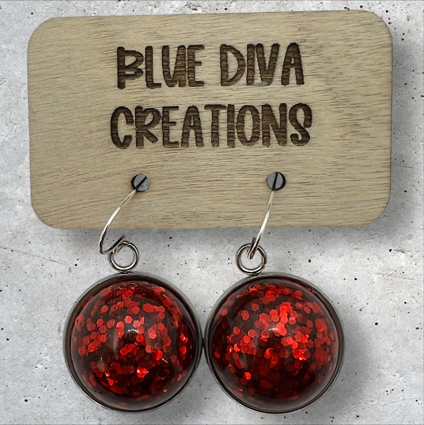 Ruby Red Domed Glitter Dangle 20mm  Resin Earrings