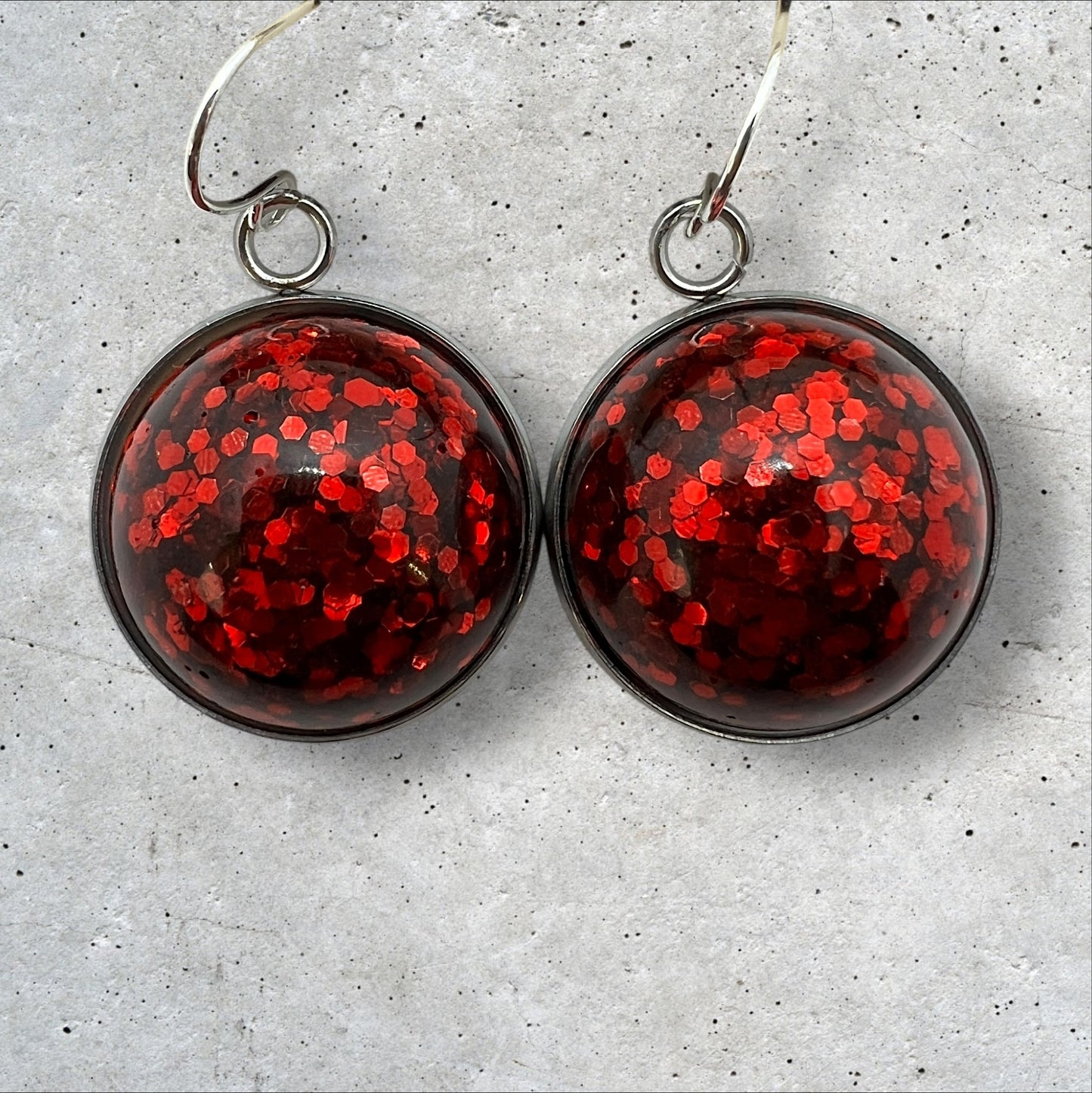 Ruby Red Domed Glitter Dangle 20mm  Resin Earrings