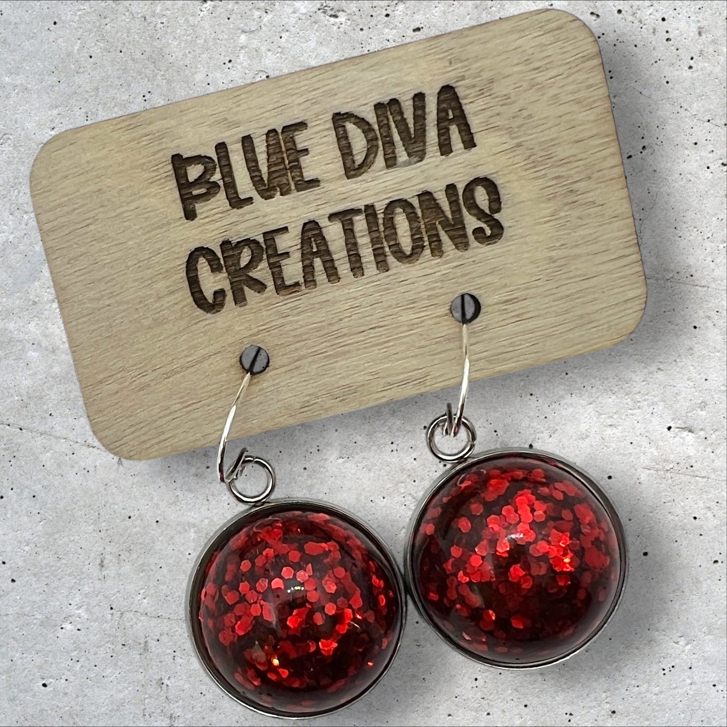 Ruby Red Domed Glitter Dangle 20mm  Resin Earrings