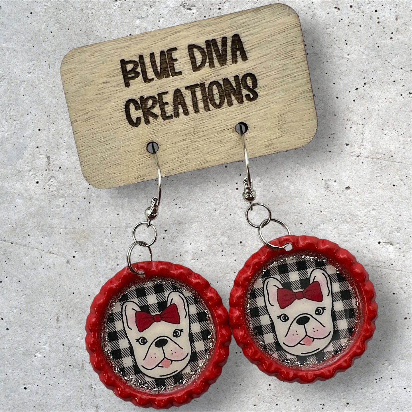 French Bulldog Red Bottle Cap Earrings