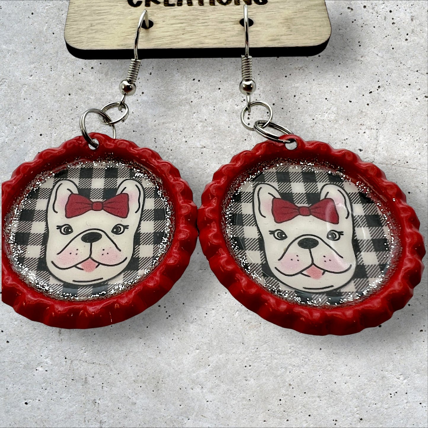 French Bulldog Red Bottle Cap Earrings