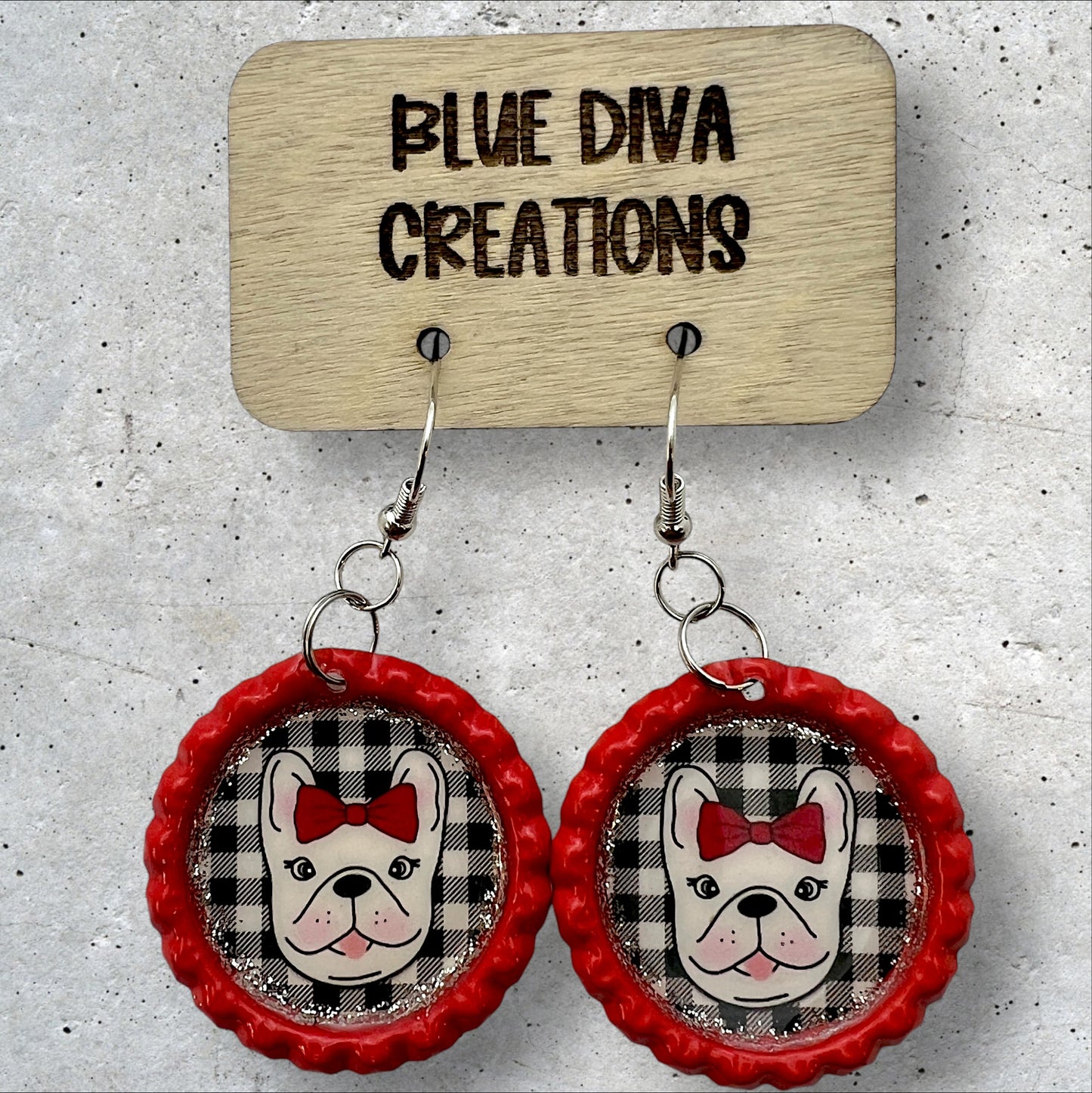 French Bulldog Red Bottle Cap Earrings