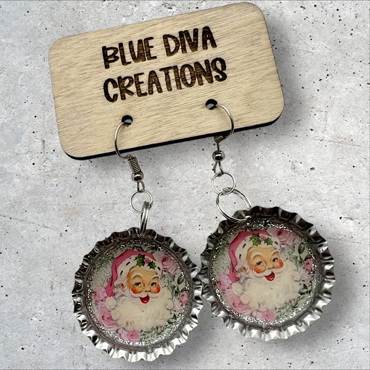 Pink Vintage Santa Bottle Cap Earrings