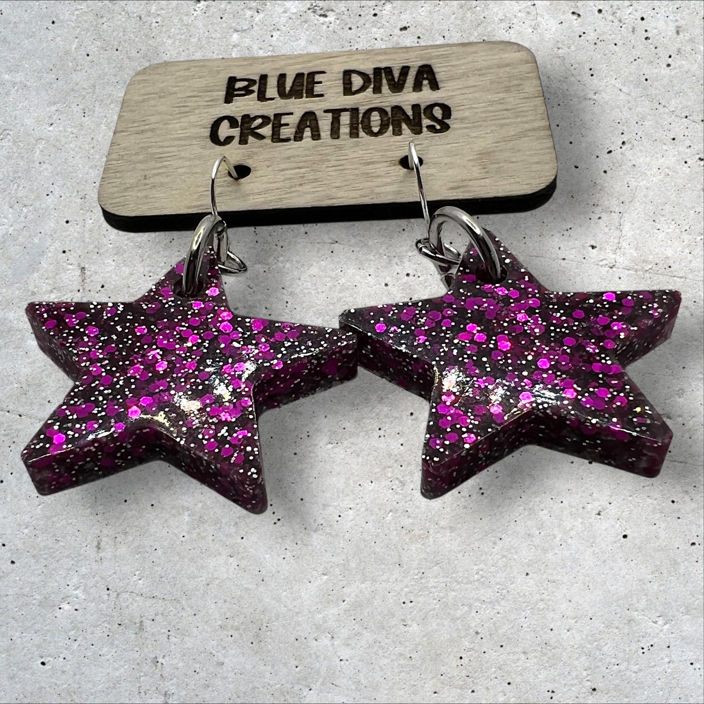 Violet & Silver Glitter 1” Star Resin Earrings