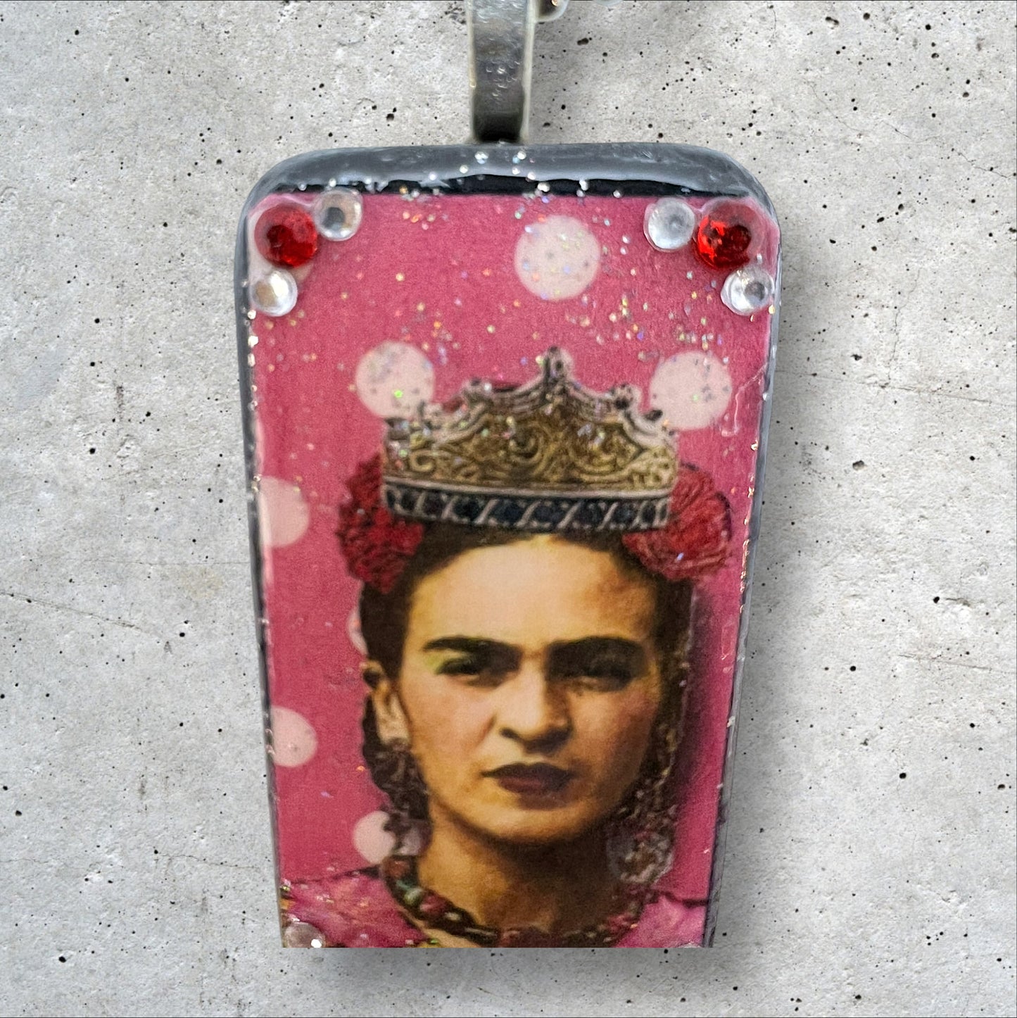 Pink Frida Kahlo with Crown Upcycled Domino Pendant Necklace