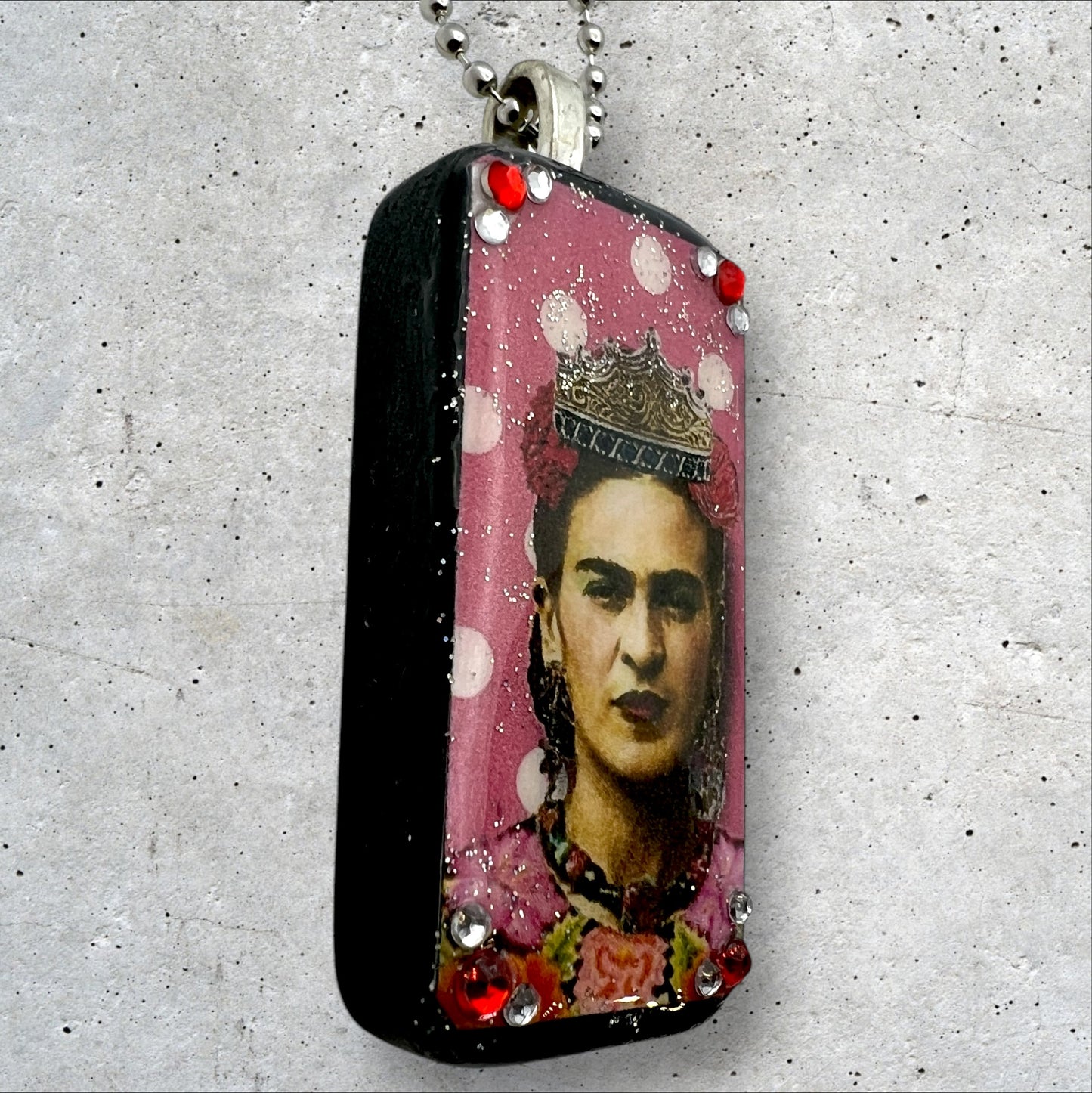 Pink Frida Kahlo with Crown Upcycled Domino Pendant Necklace