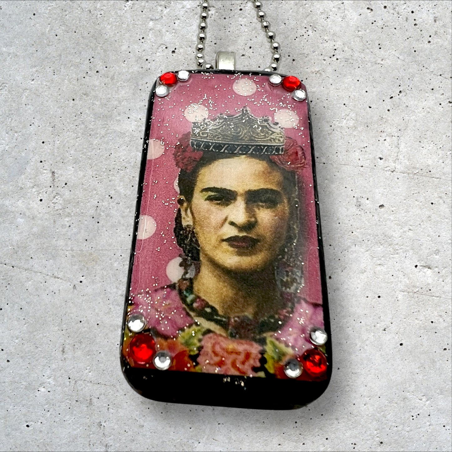 Pink Frida Kahlo with Crown Upcycled Domino Pendant Necklace