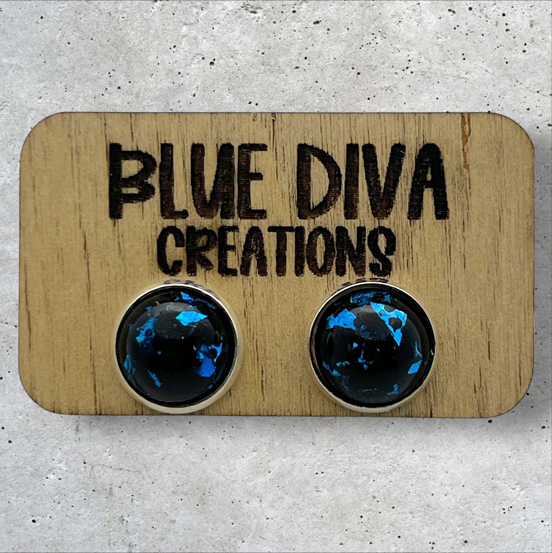 Black Resin Stud Earrings with Blue Foil Flecks 12mm