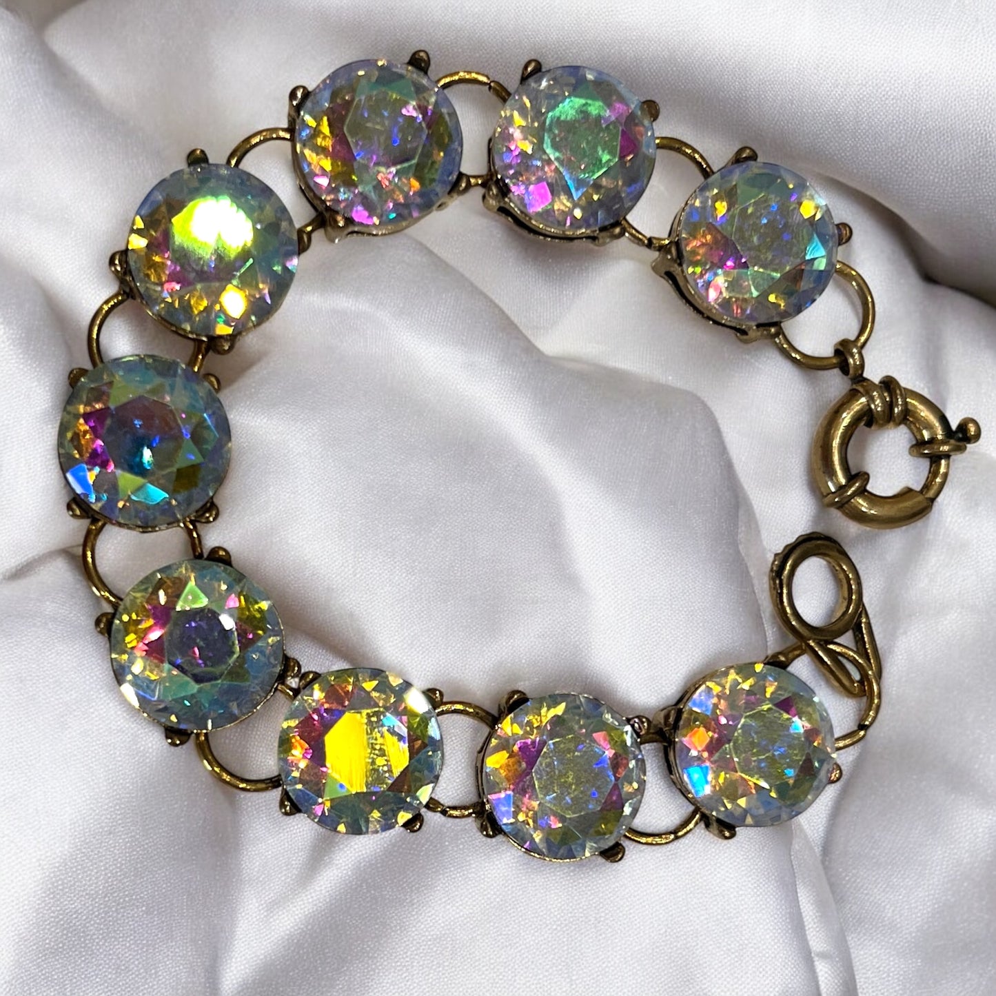 Vintage Style Aurora Borealis Rhinestone Bracelet Gold Tone Round Glass Stones
