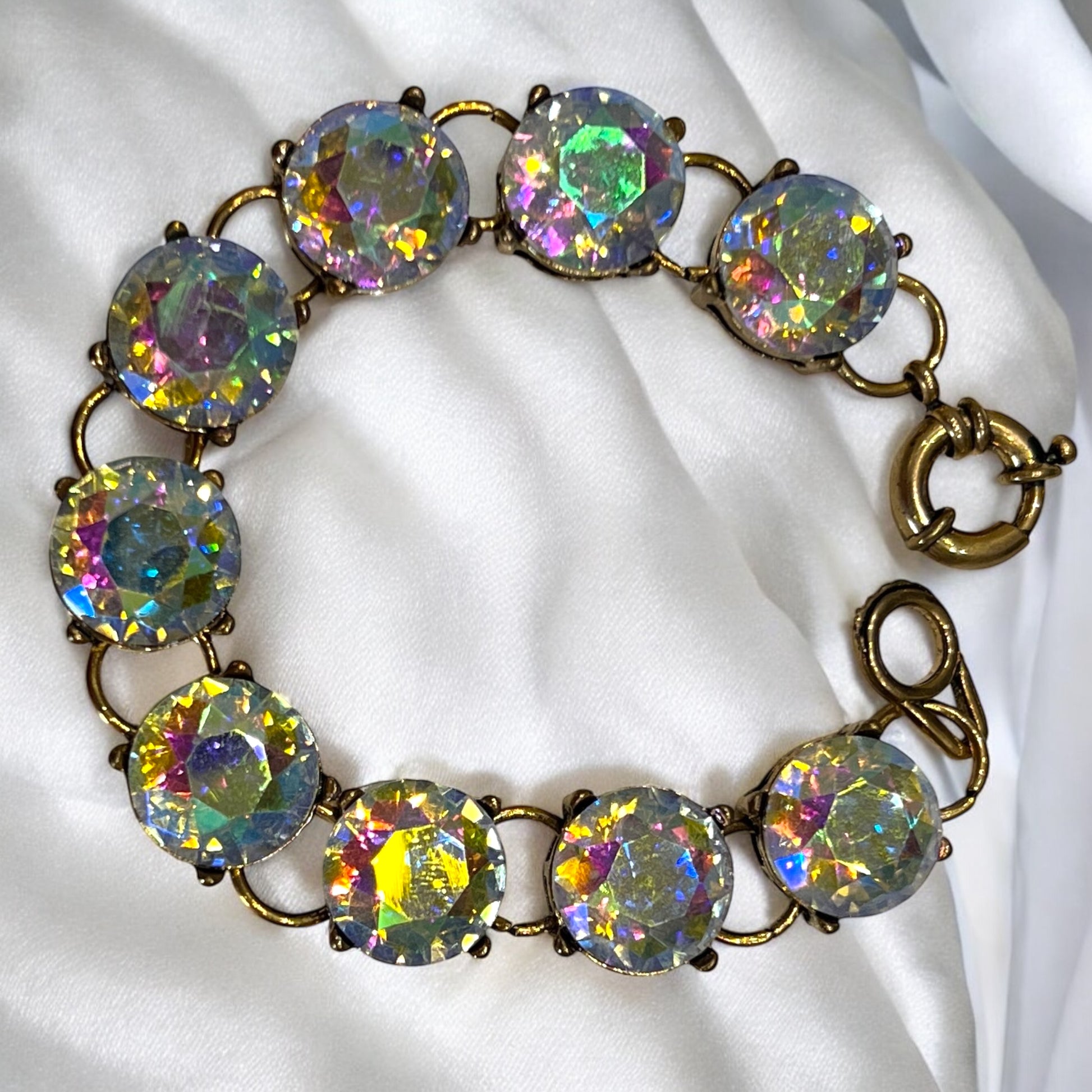 Vintage Style Aurora Borealis Rhinestone Bracelet Gold Tone Round Glass Stones