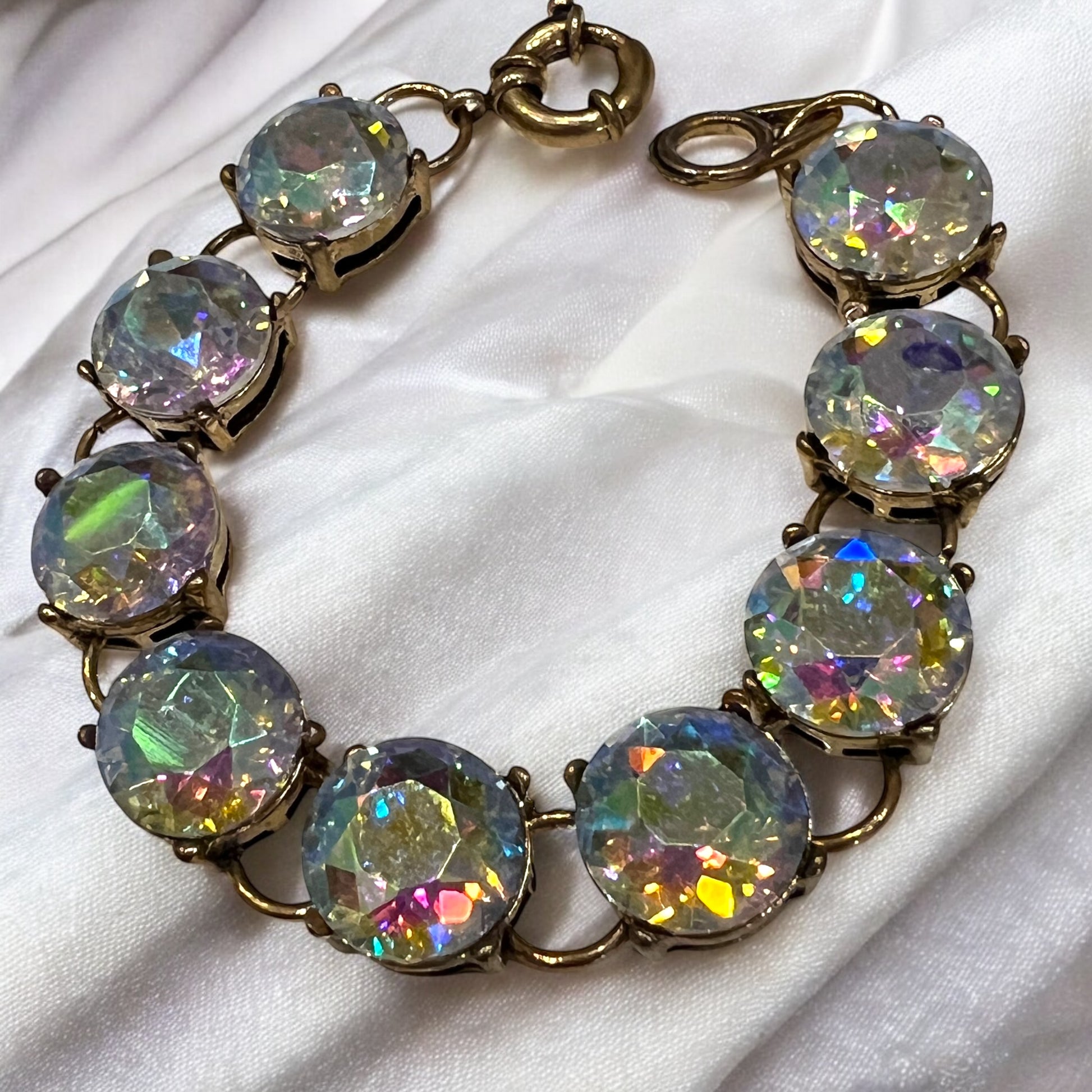 Vintage Style Aurora Borealis Rhinestone Bracelet Gold Tone Round Glass Stones