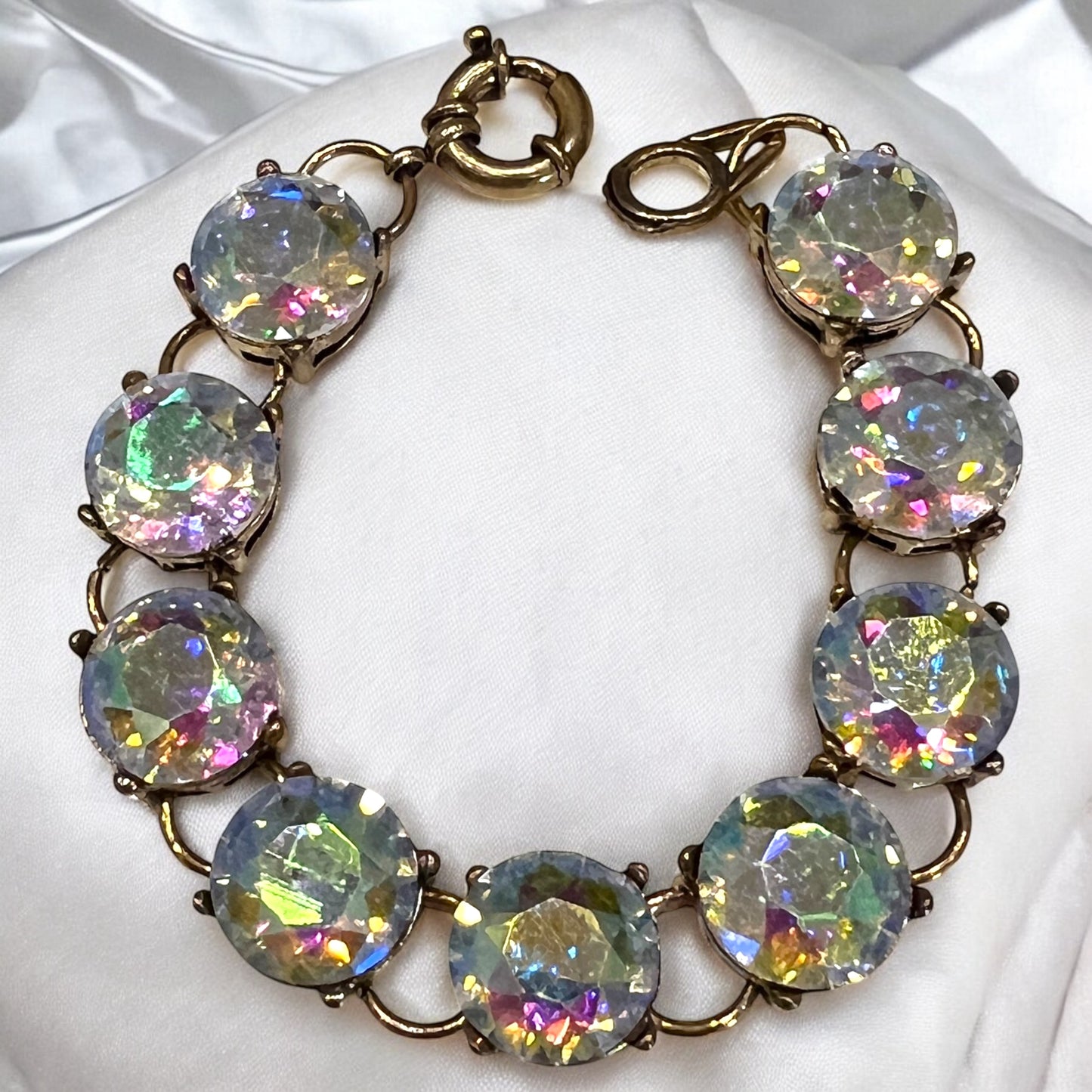 Vintage Style Aurora Borealis Rhinestone Bracelet Gold Tone Round Glass Stones