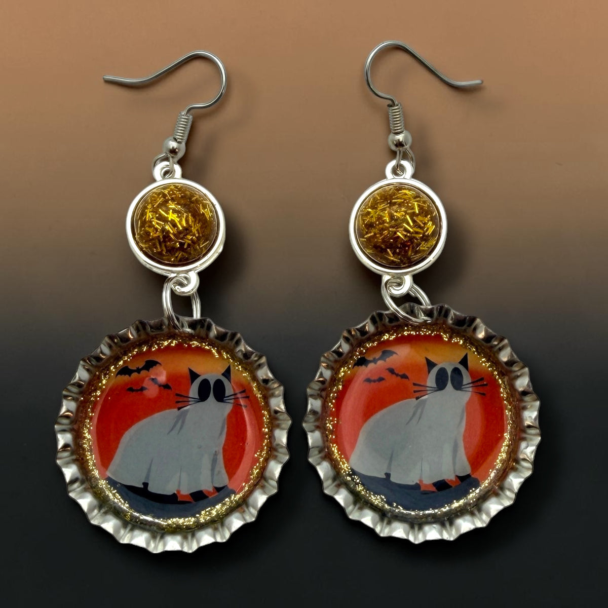Ghost Cat Halloween Bottle Cap Earrings