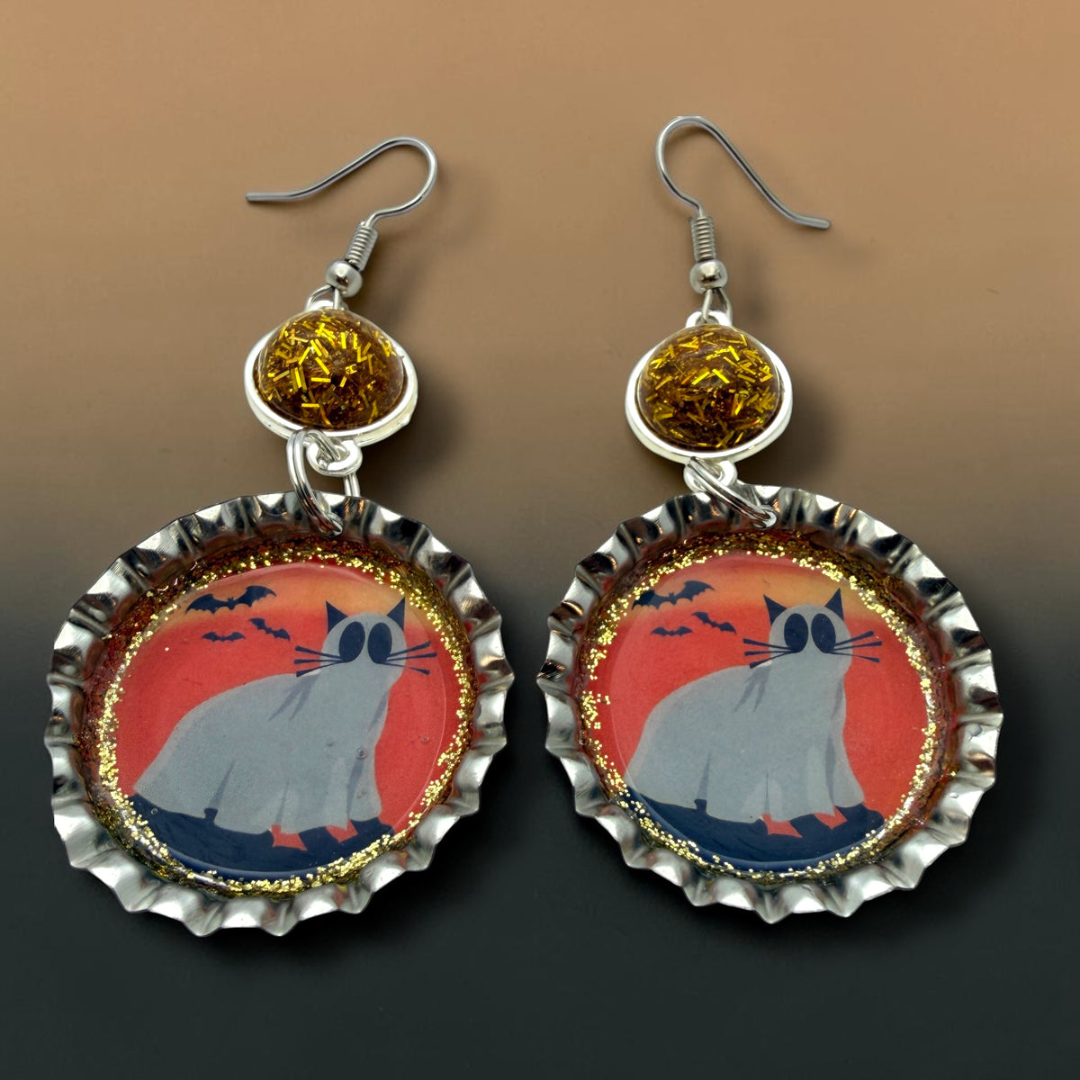 Ghost Cat Halloween Bottle Cap Earrings