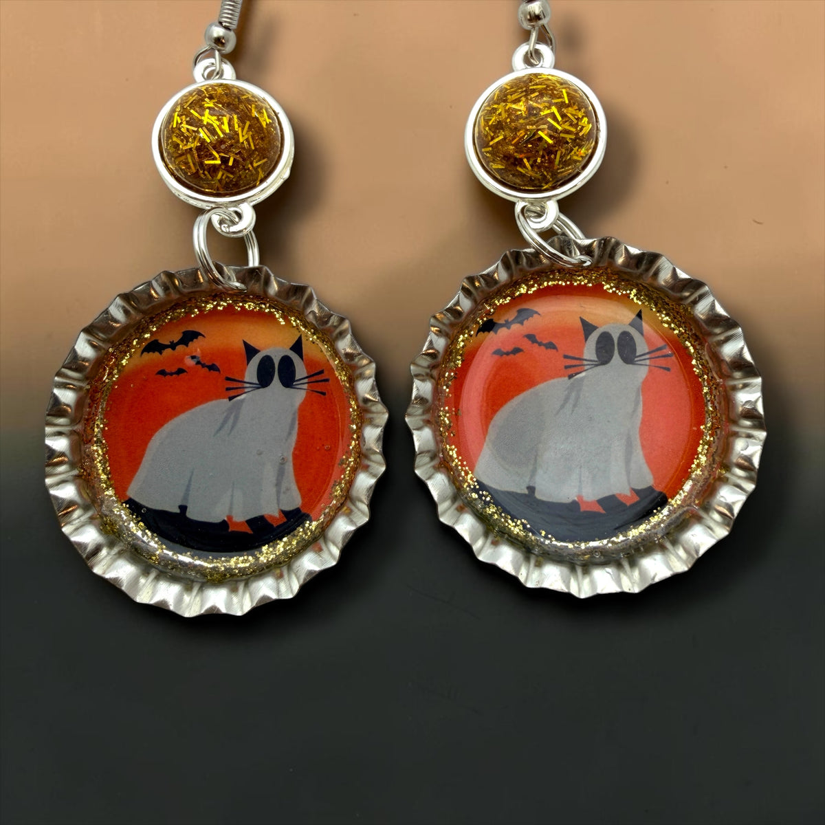 Ghost Cat Halloween Bottle Cap Earrings