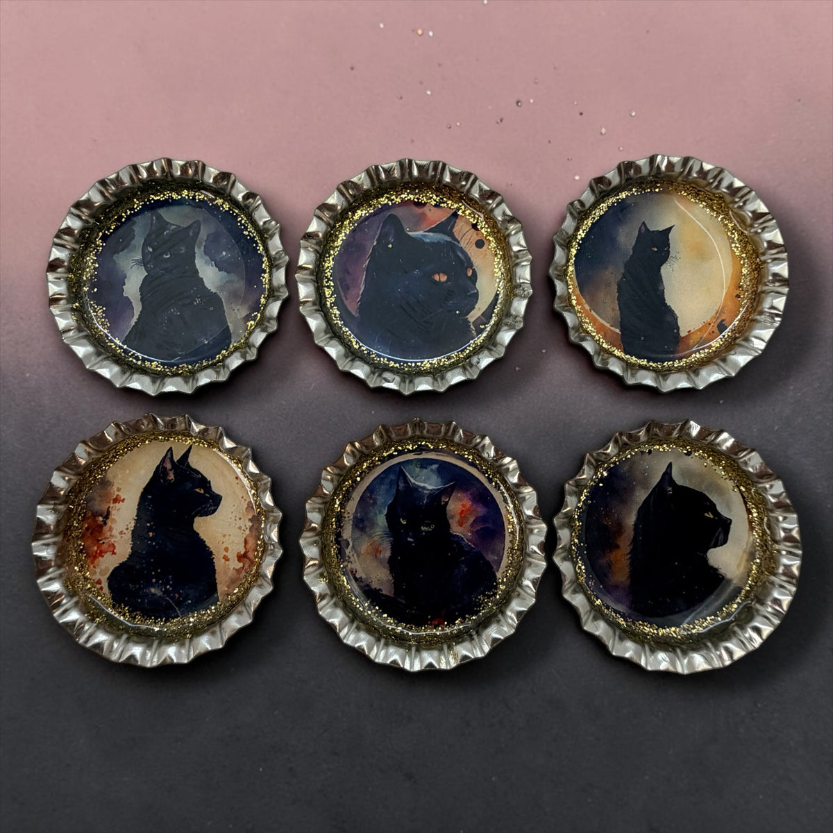 Gothic Black Cat Bottle Cap Magnets