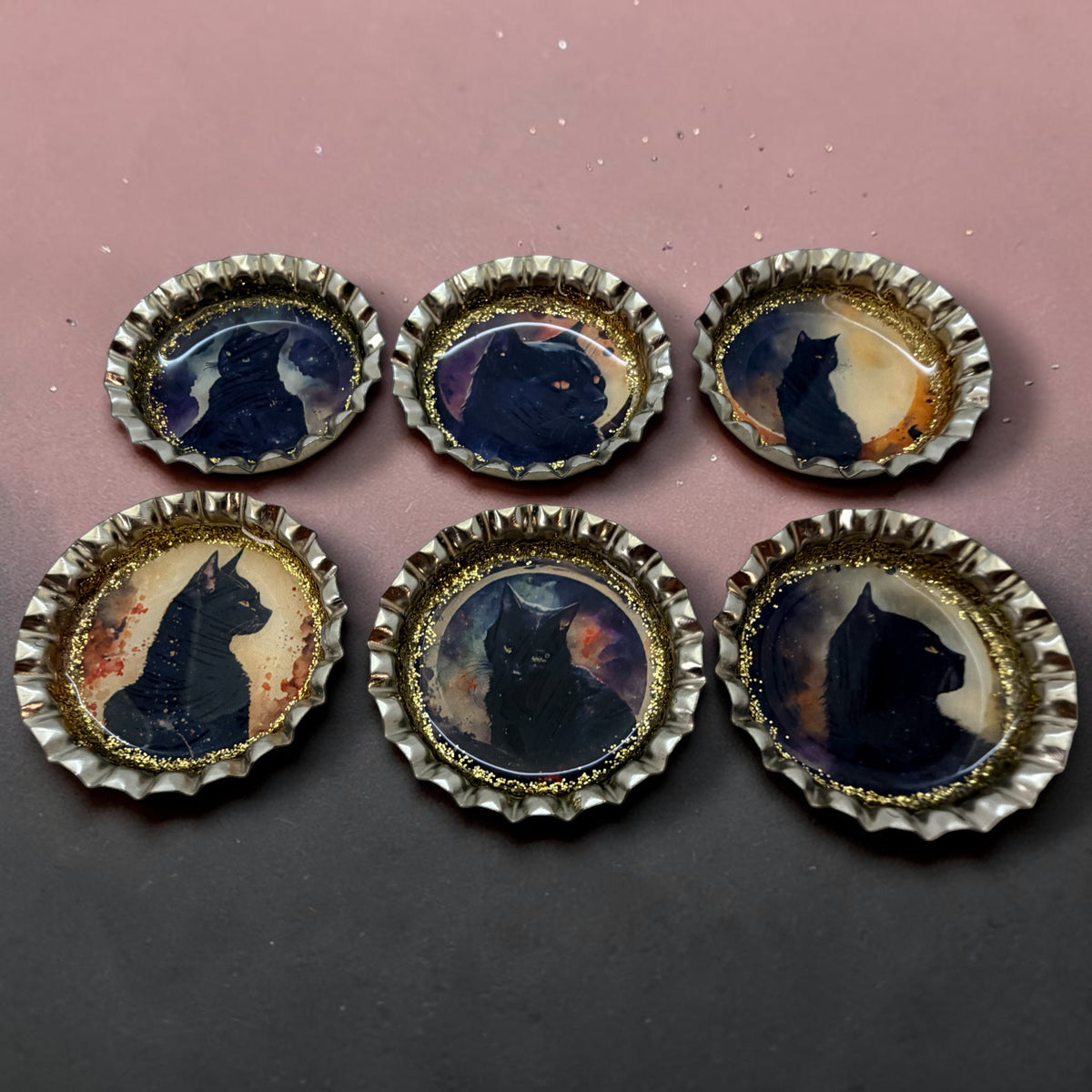 Gothic Black Cat Bottle Cap Magnets