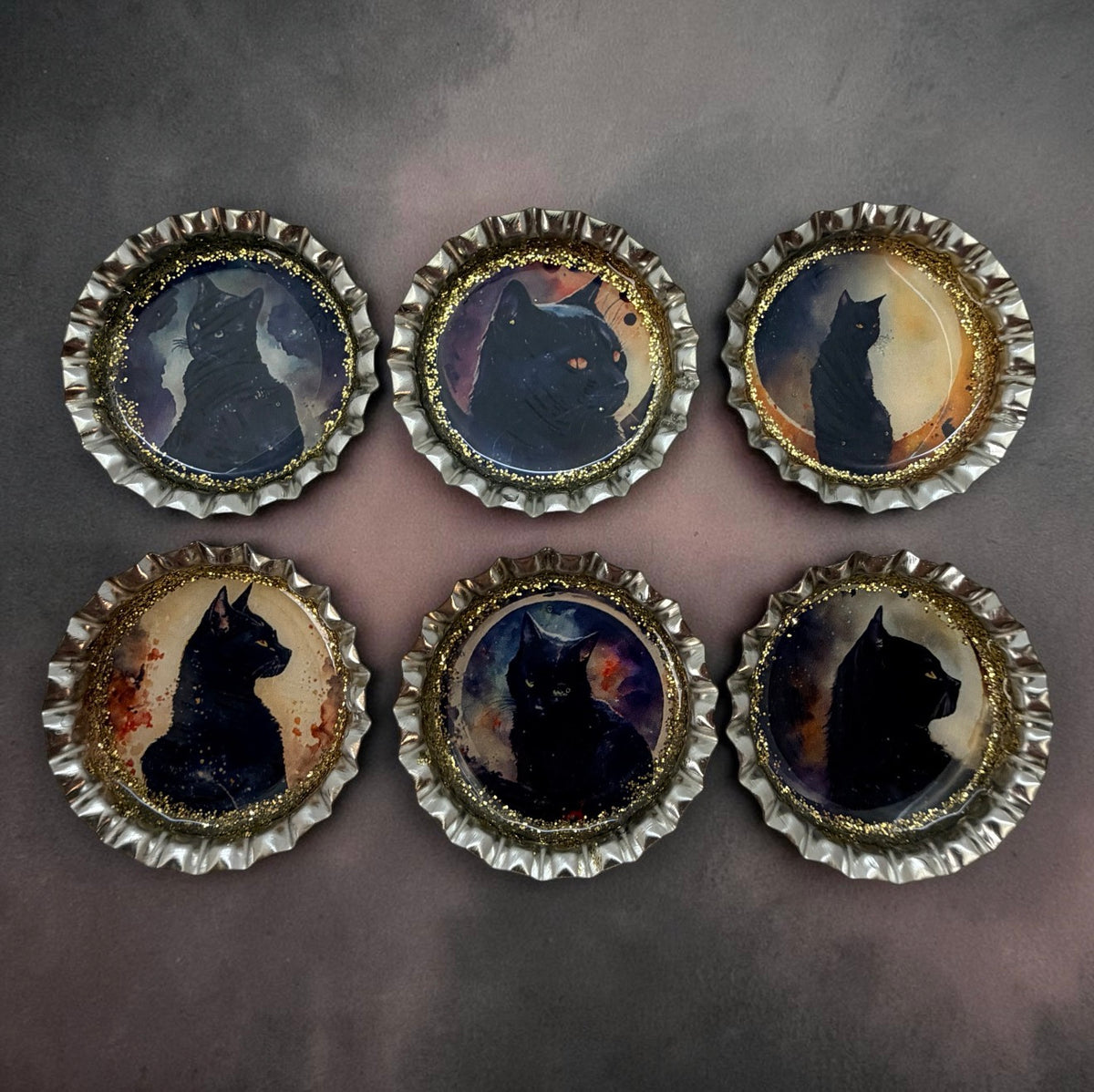 Gothic Black Cat Bottle Cap Magnets