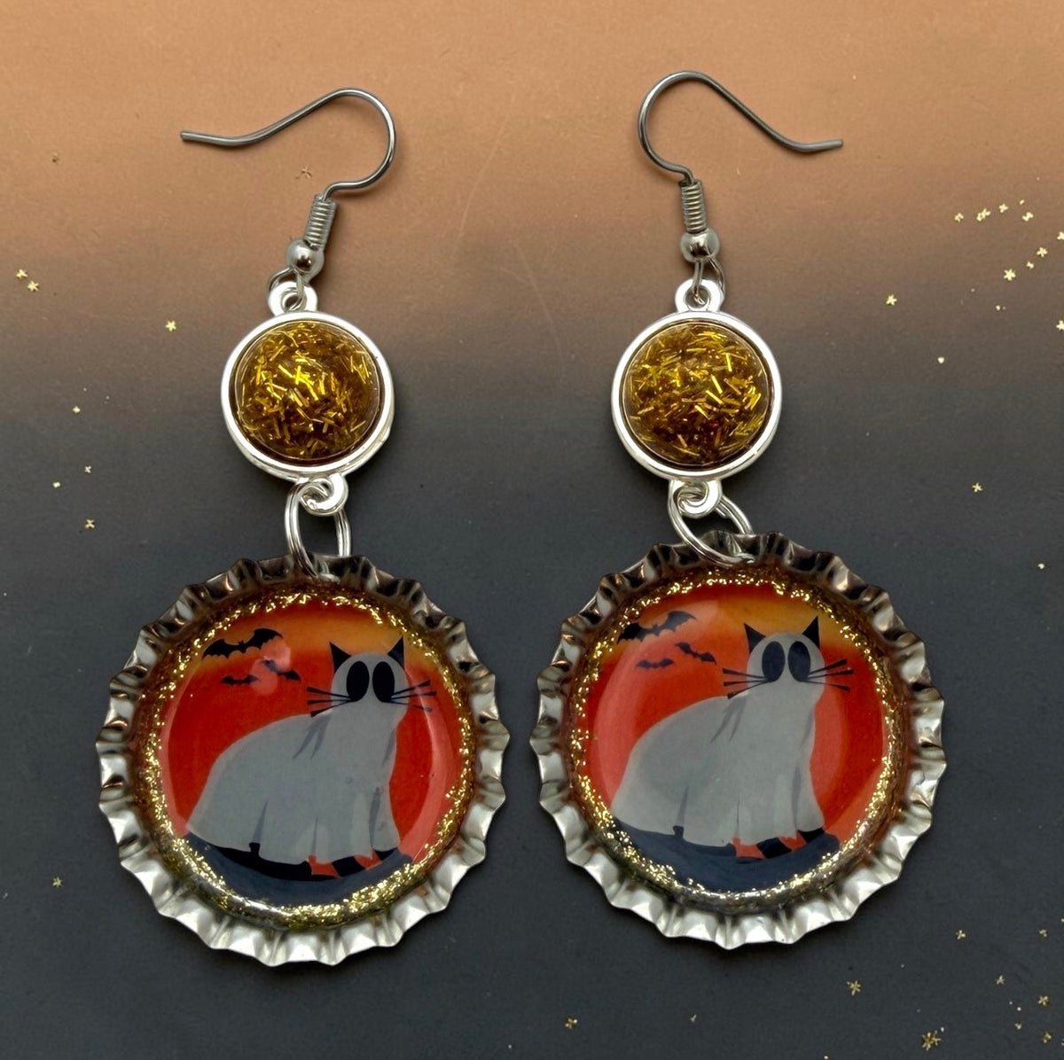 Ghost Cat Halloween Bottle Cap Earrings