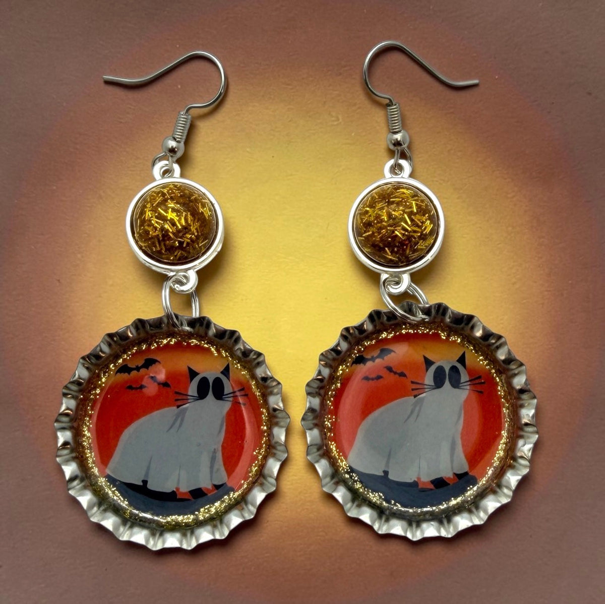 Ghost Cat Halloween Bottle Cap Earrings