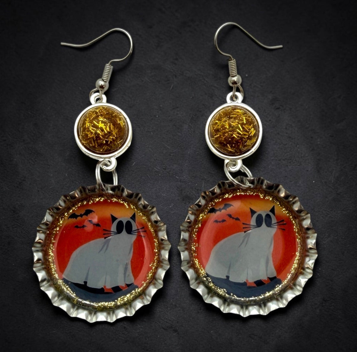 Ghost Cat Halloween Bottle Cap Earrings