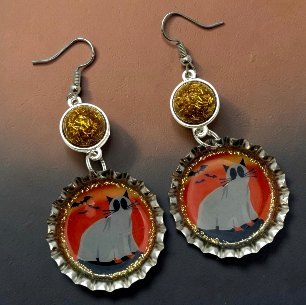 Ghost Cat Halloween Bottle Cap Earrings
