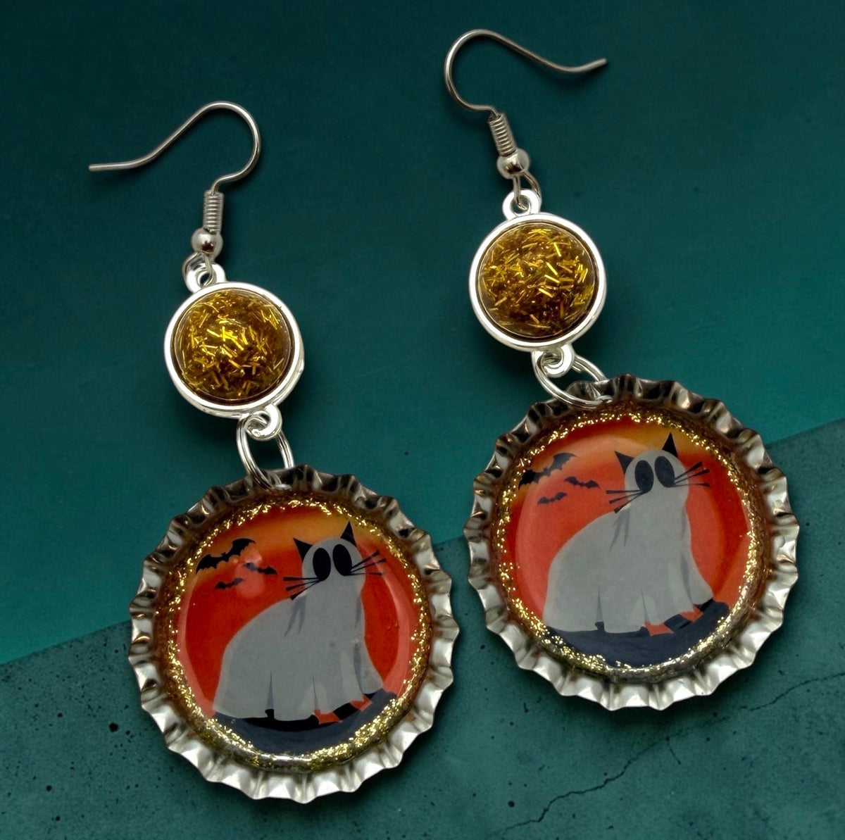 Ghost Cat Halloween Bottle Cap Earrings