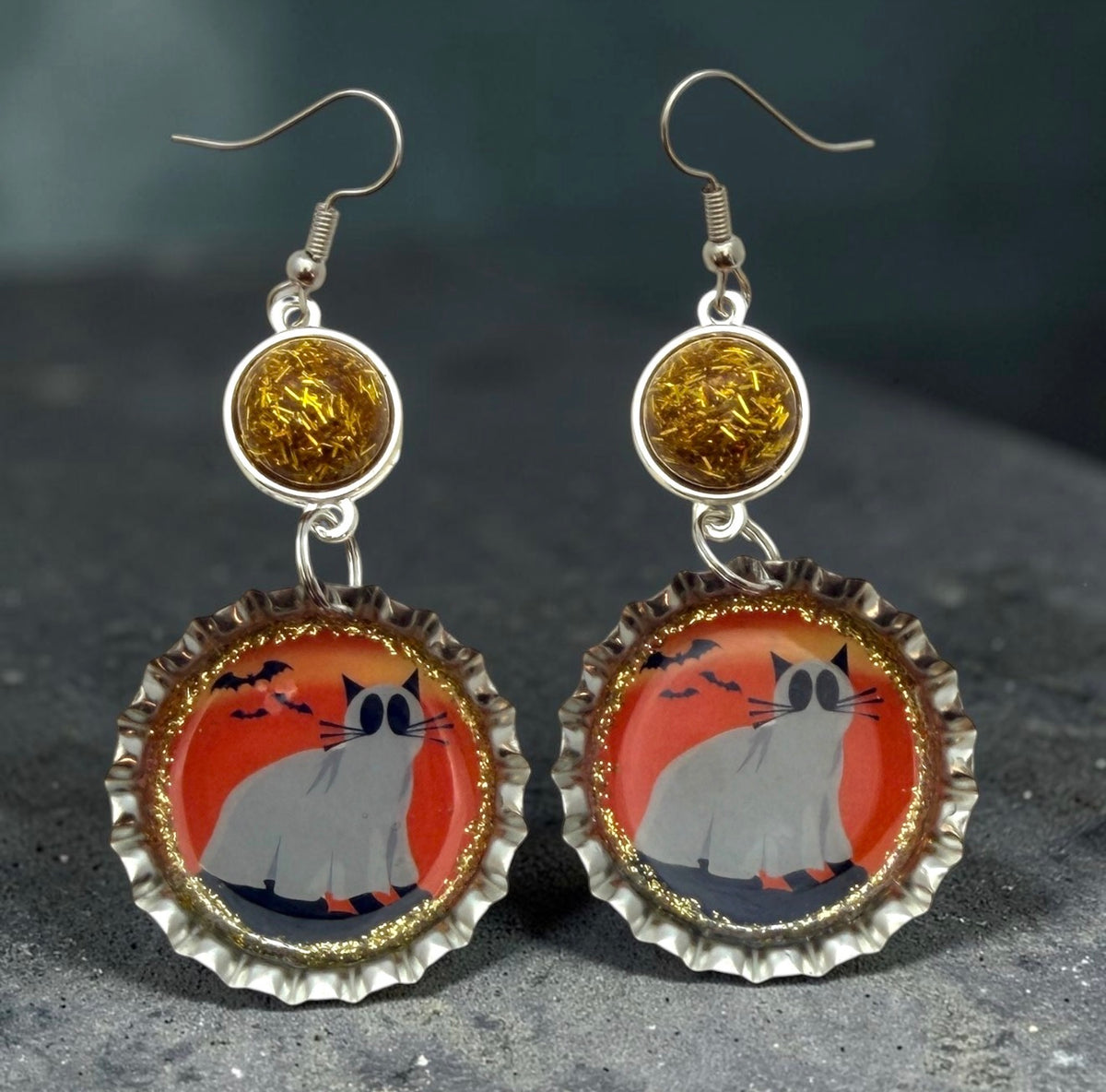 Ghost Cat Halloween Bottle Cap Earrings