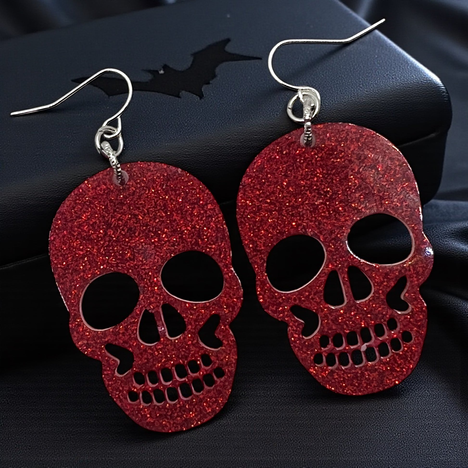 Red Glitter Skull Earrings – 2″ Lightweight Resin Dangle Earrings | Spooky Gothic Jewelry | Halloween Accessory by Blue Diva Creations