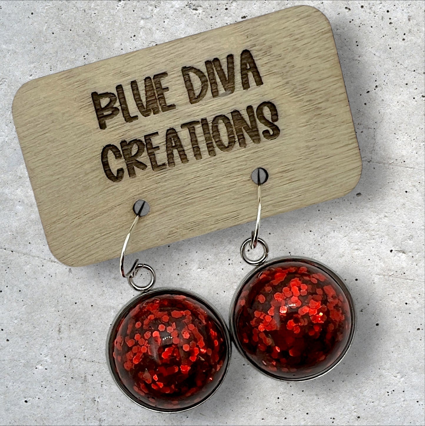 Large Red Glitter Dome Dangle Party Earrings 