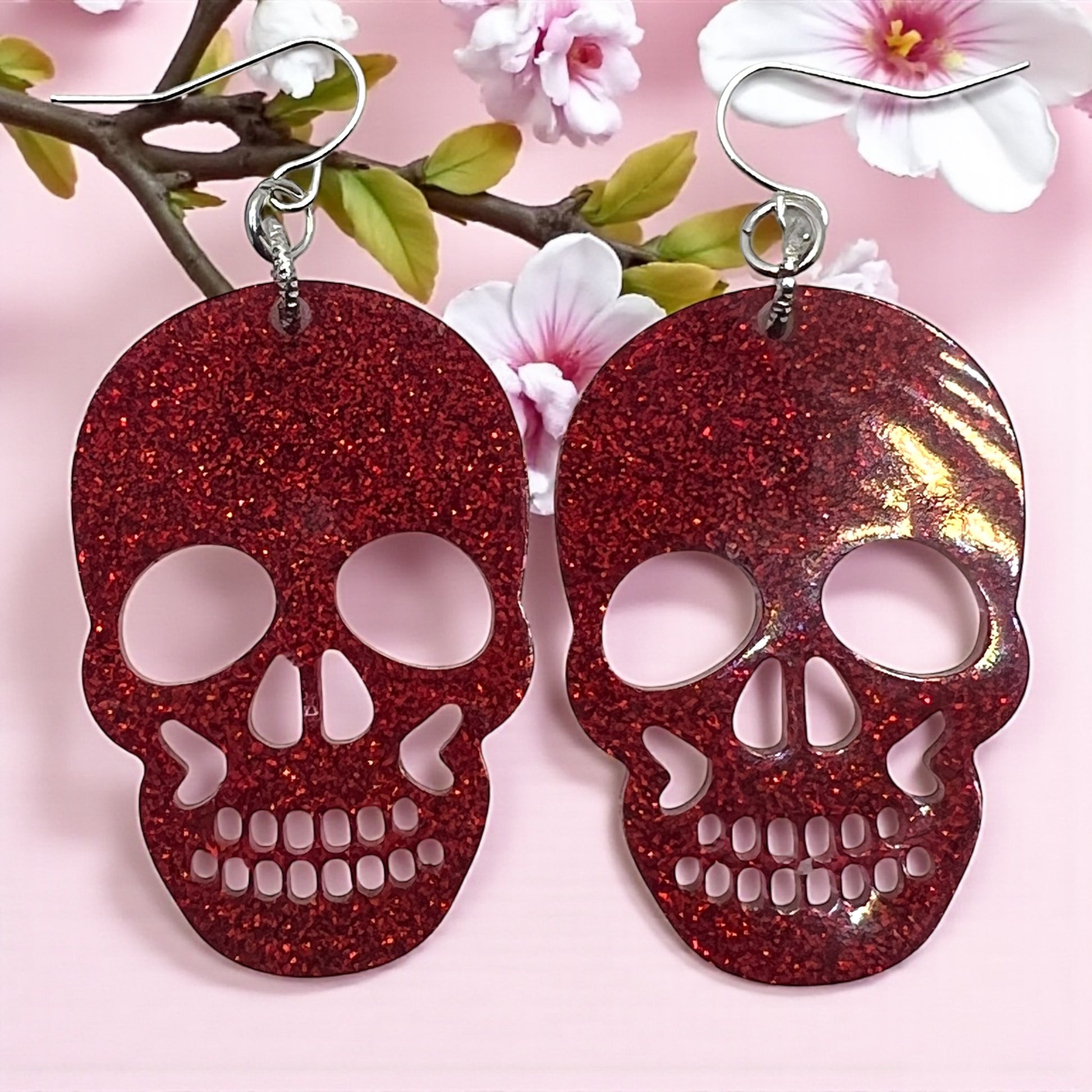 Red Glitter Skull Earrings – 2″ Lightweight Resin Dangle Earrings | Spooky Gothic Jewelry | Halloween Accessory by Blue Diva Creations