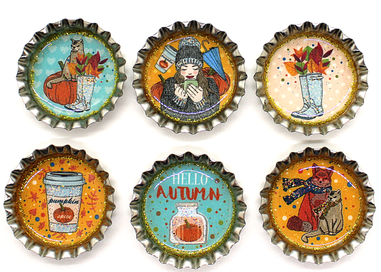Set of 6 Bottle Cap Autumn Theme Magnet Set in colors of orange, brown and turquoise featuring cats, pumpkins, pumpkin spice, scarves and a woman in a cozy sweater