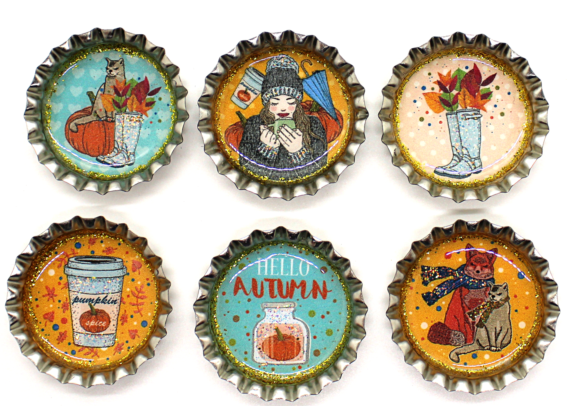 Set of 6 Bottle Cap Autumn Theme Magnet Set in colors of orange, brown and turquoise featuring cats, pumpkins, pumpkin spice, scarves and a woman in a cozy sweater