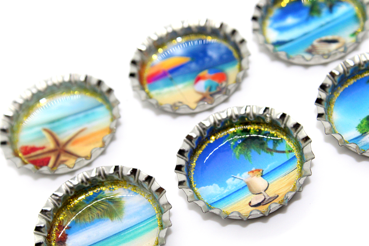 Set of 6 Bottle Cap beach theme magnet set featuring starfish, palm trees, ocean, Pina colada, sand, shells, umbrella, beach ball and relaxing ocean settings