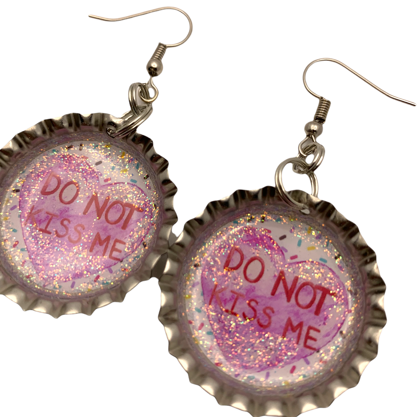 Valentine “Do Not Kiss Me” Bottle Cap Earrings