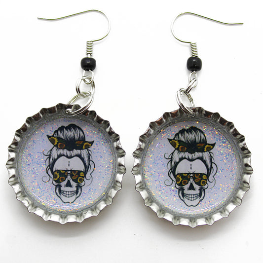 Skull Mom Bottle Cap Earrings